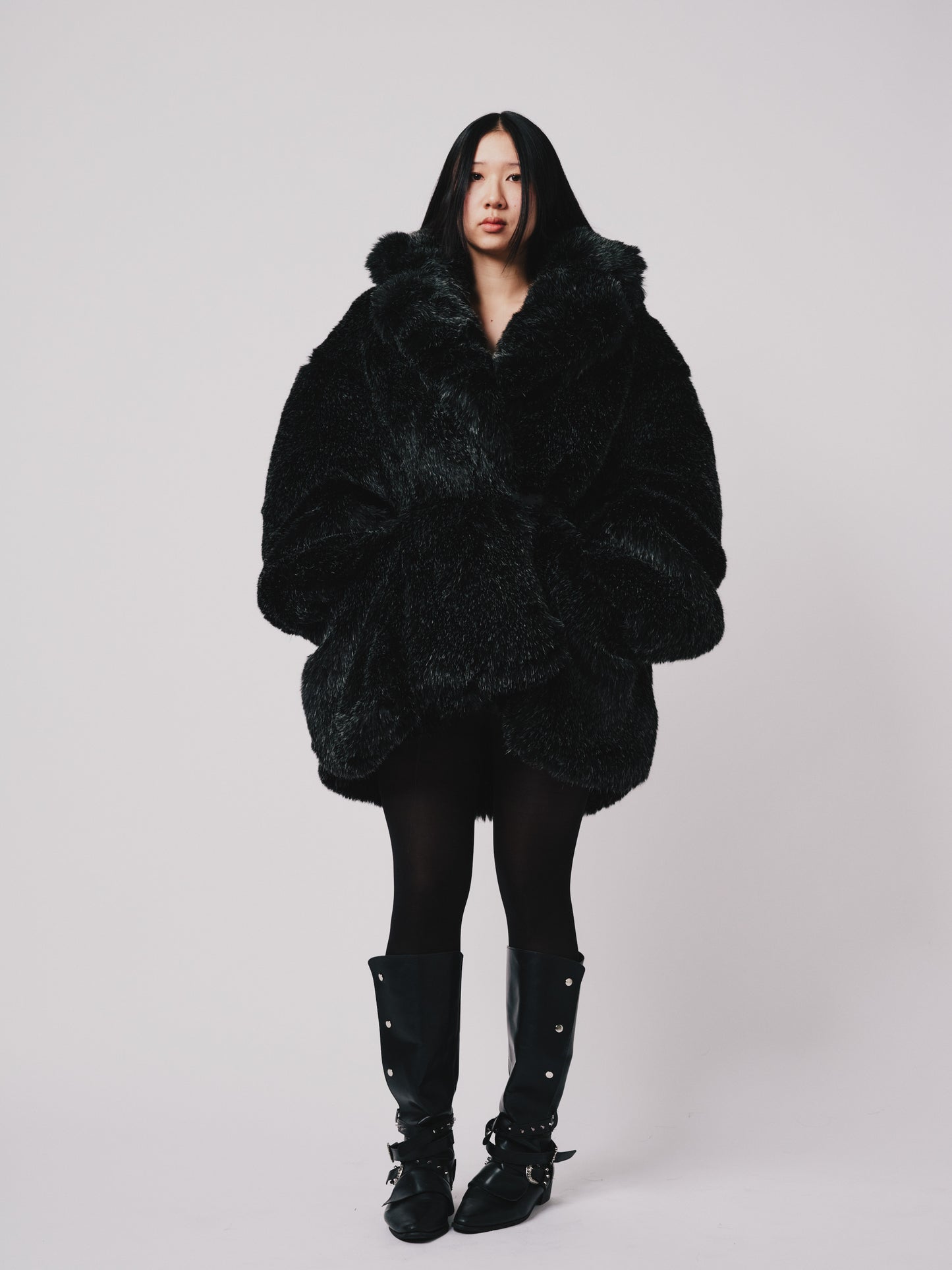 Hoffman Coat- Faux fur (Below hip Cut) Black/Silver |ONE-OFF