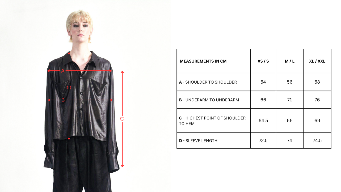 Marq Shirt in Liquid Black Size Chart.