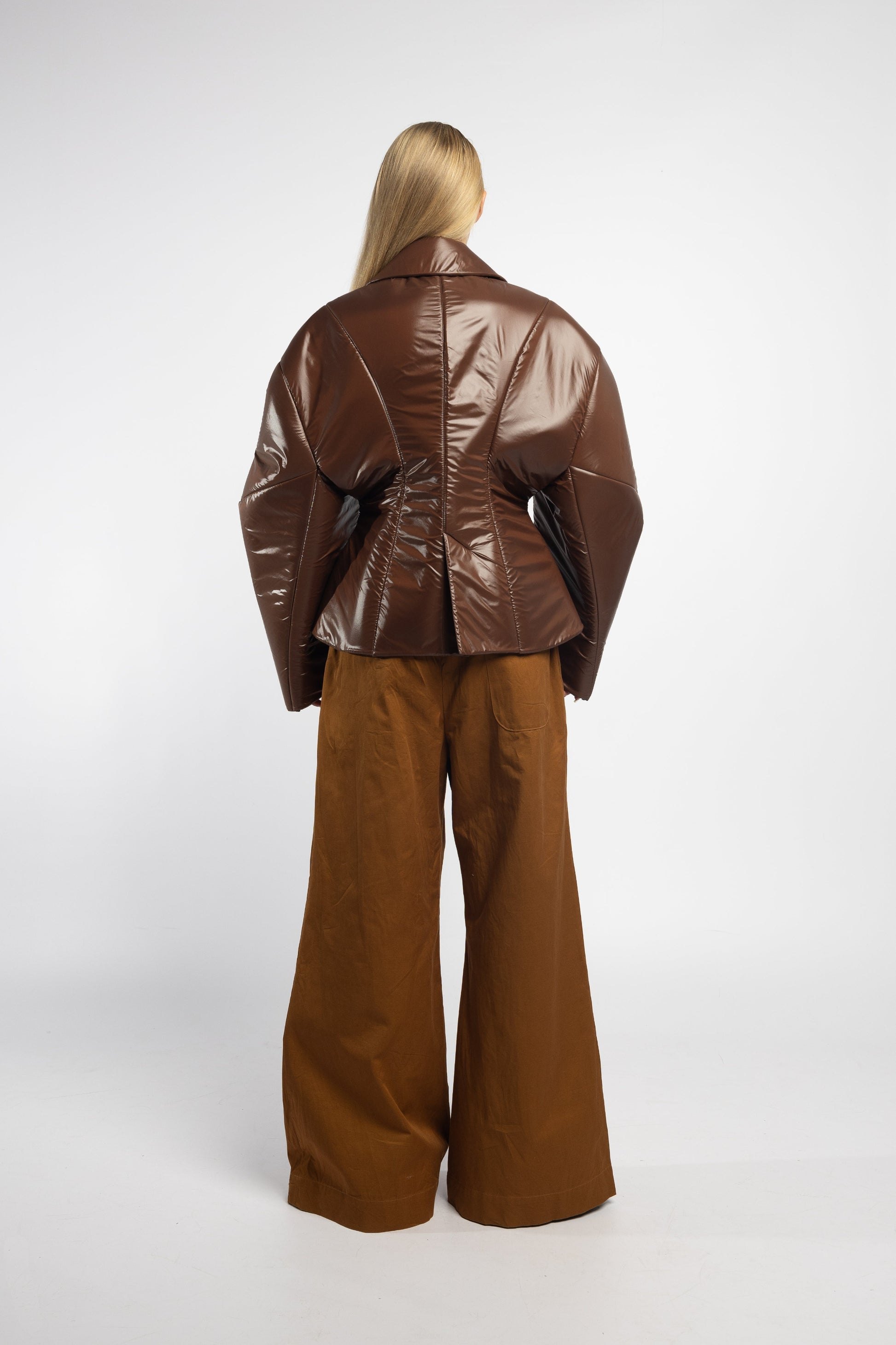 Chocolate nylon hybrid puffer with structured fit