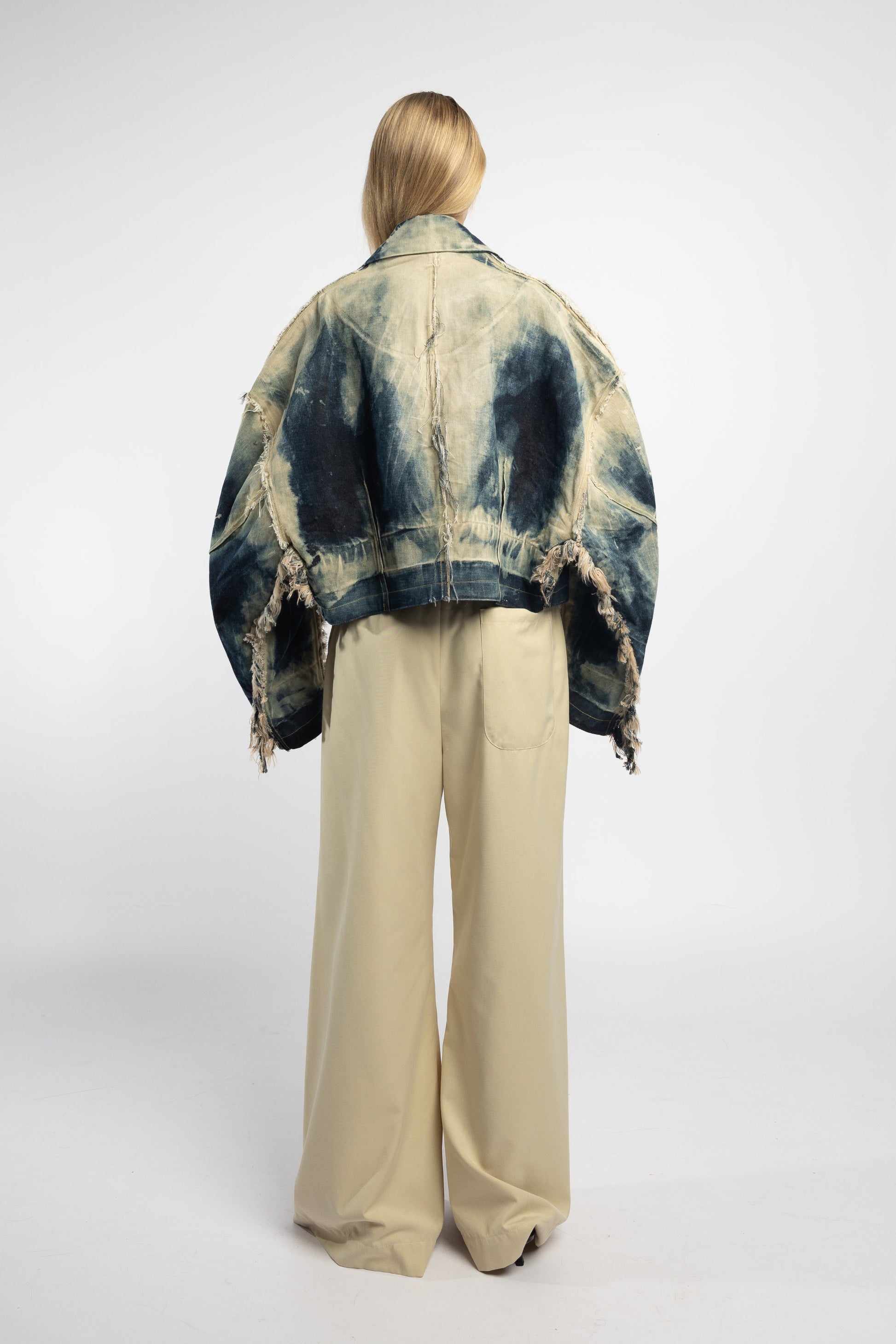 Oversized crop denim jacket with welt pockets and twill lining back view