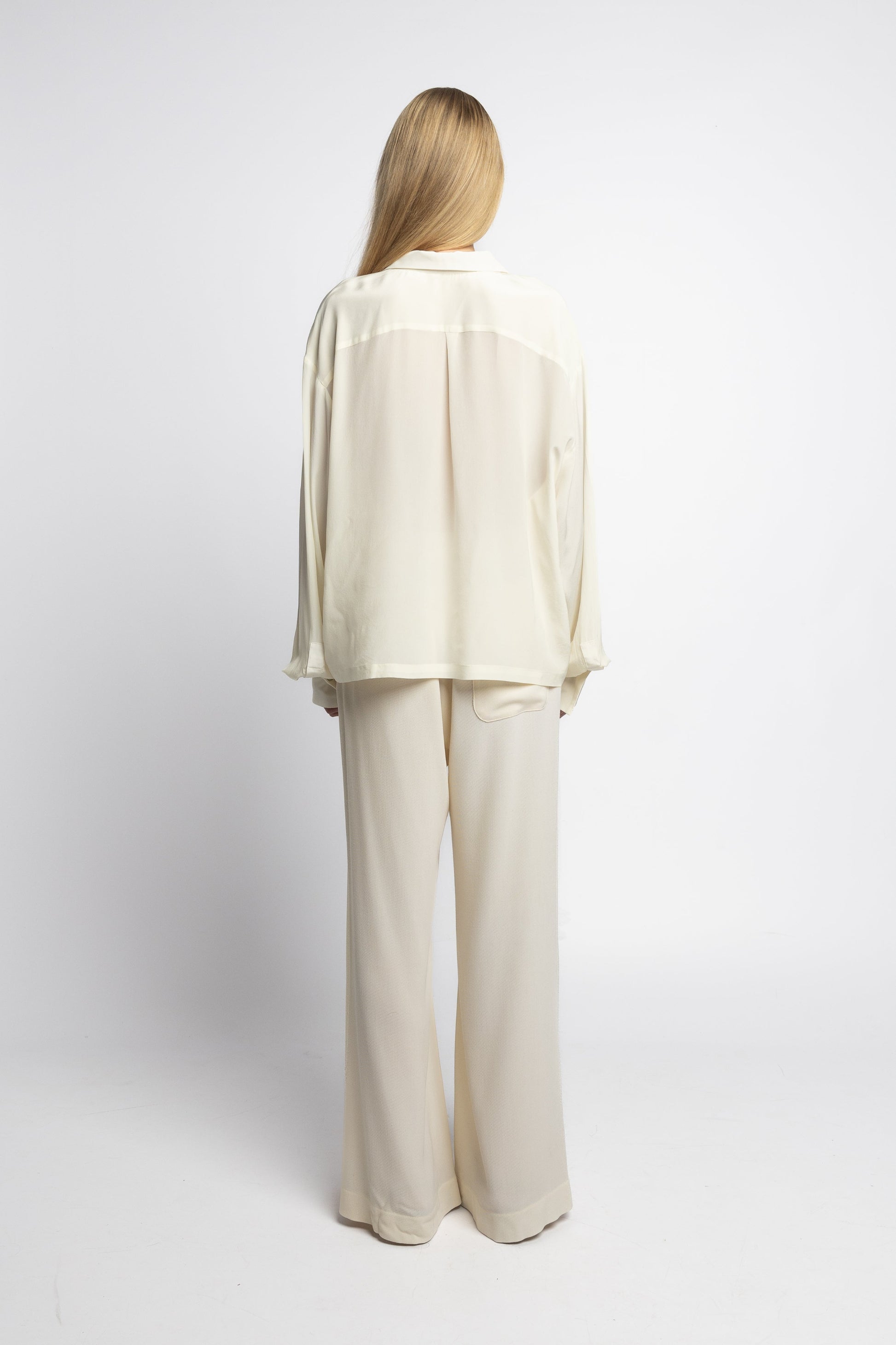 Back view of Marq Shirt in ultra-light pearl silk