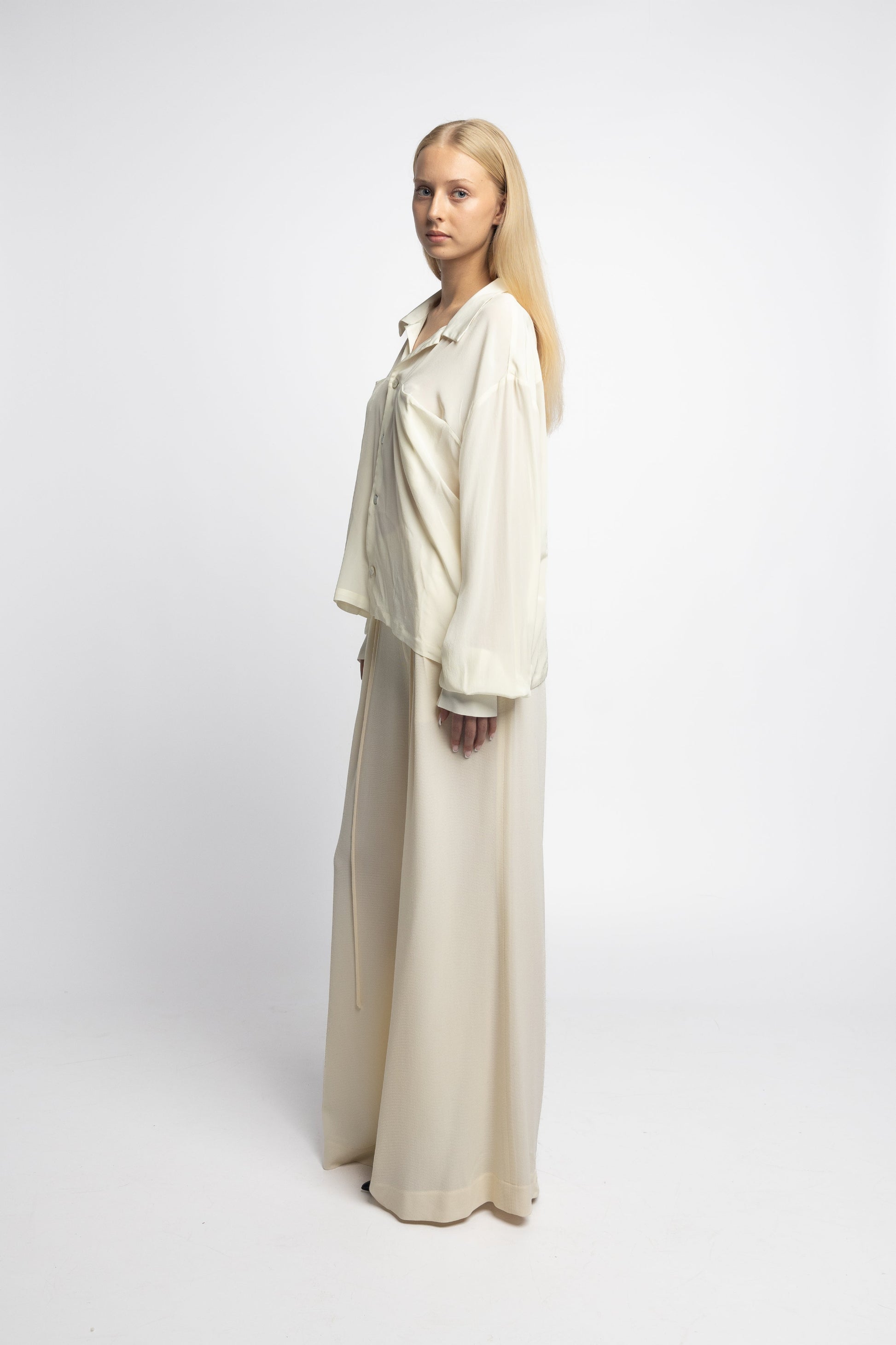 Oversized sheer silk shirt with cropped hem