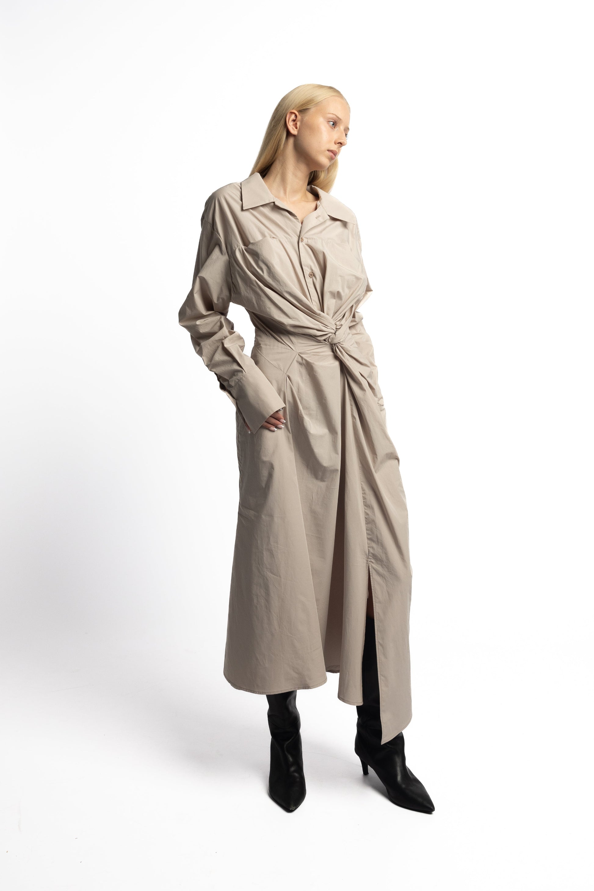 Waist twist detail on shirt dress with button front