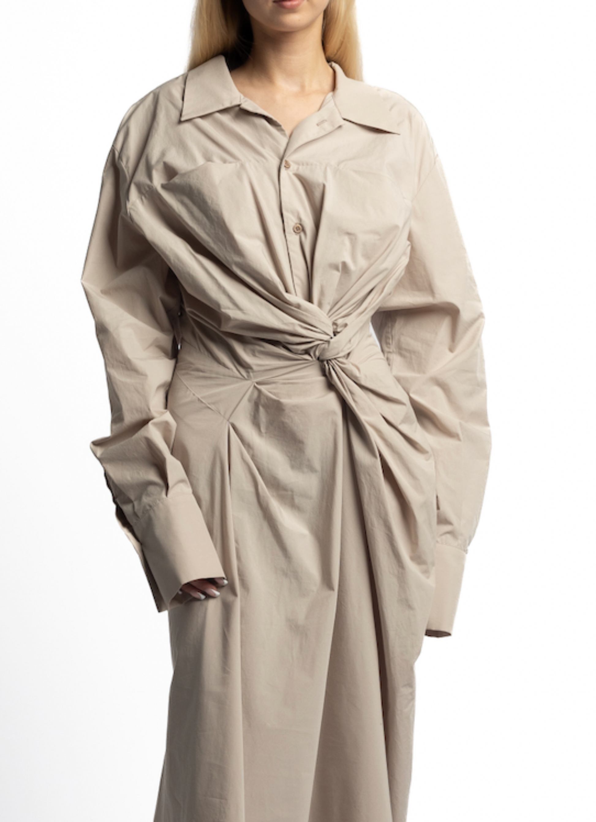Front twist drape and inseam pocket  detail - Sand Marq shirt