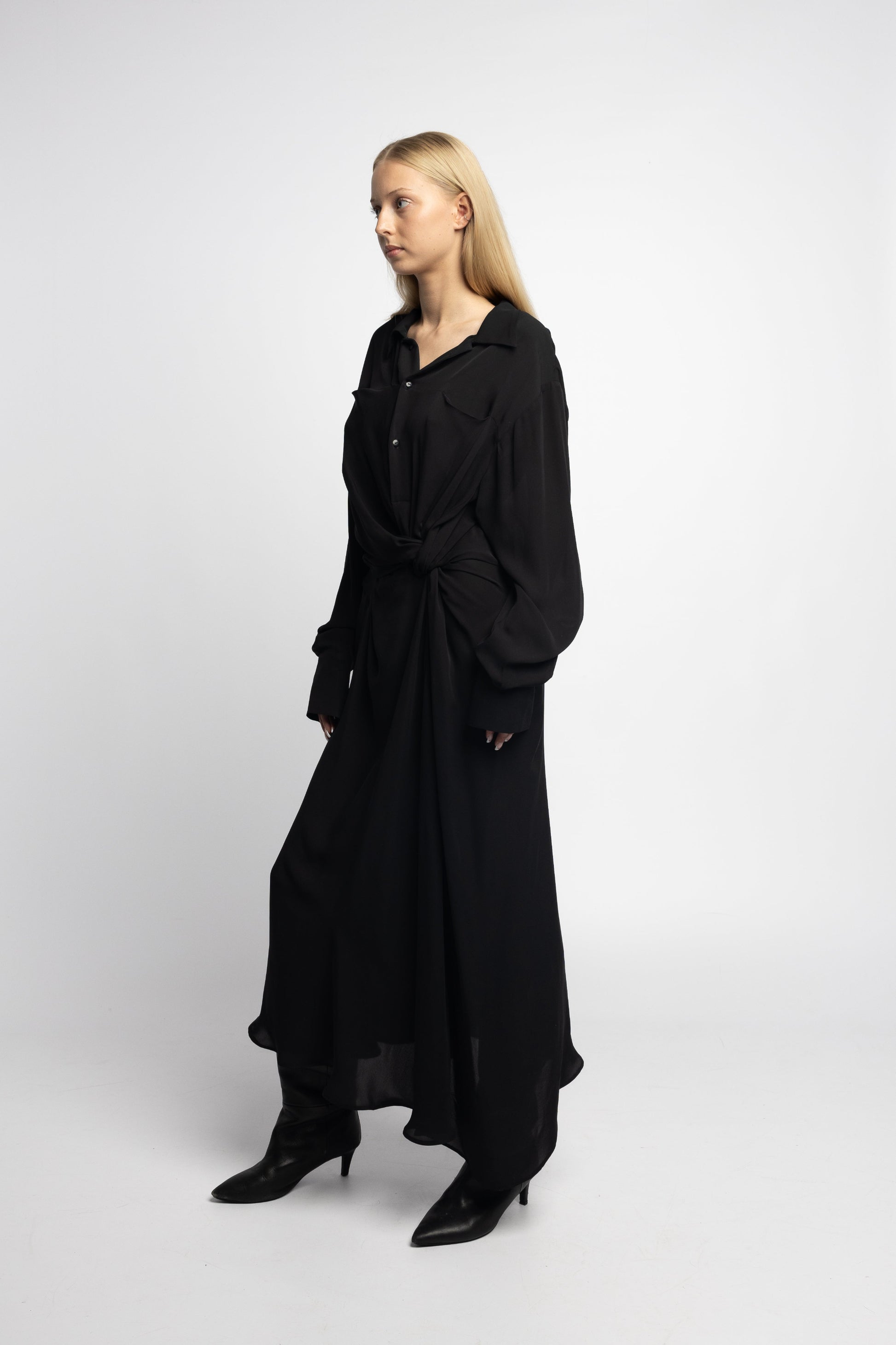 Twist waist detail on black silk shirt dress