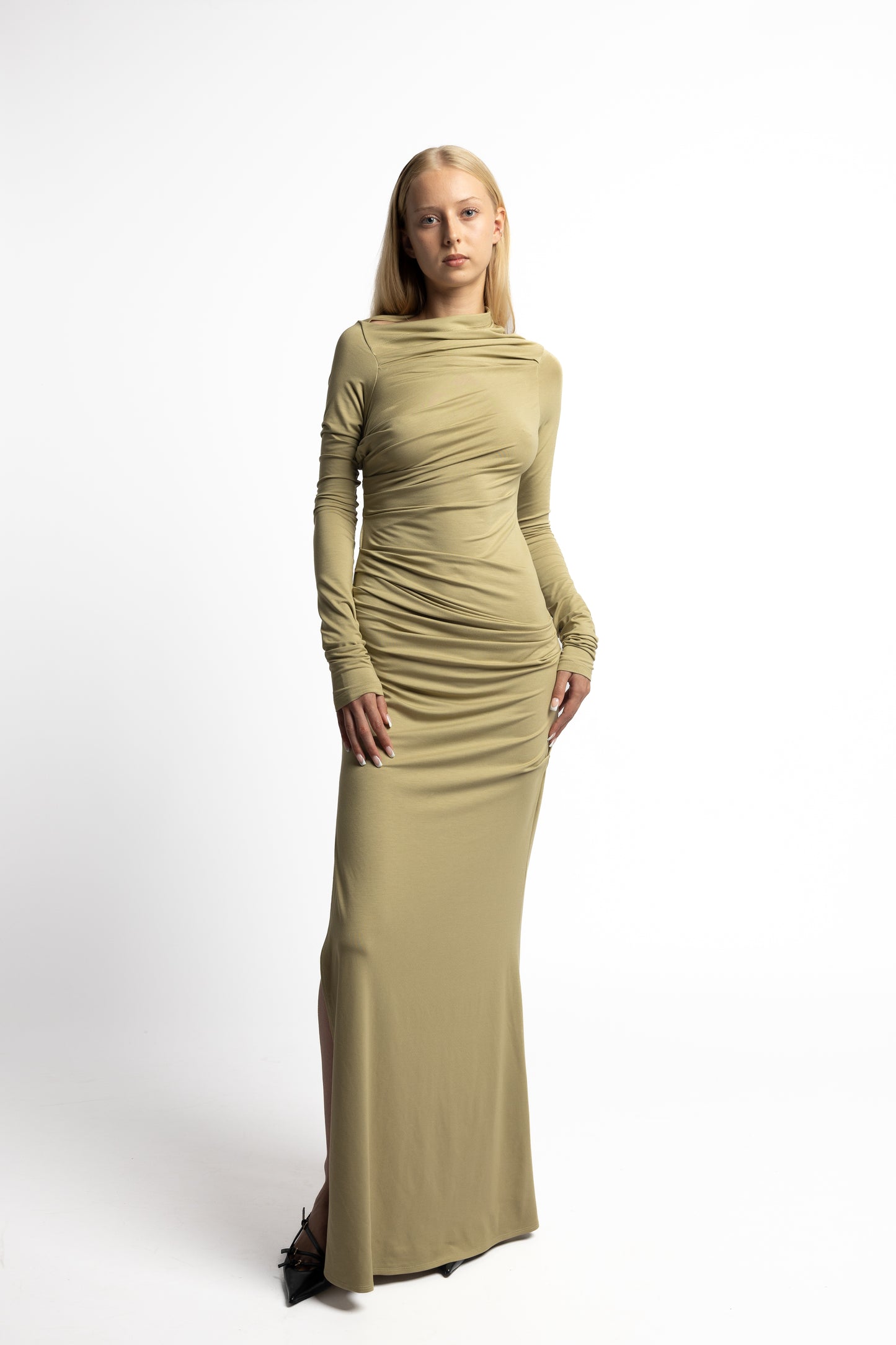 Model wearing Paloma Long Sleeve Dress in sage soft jersey Front