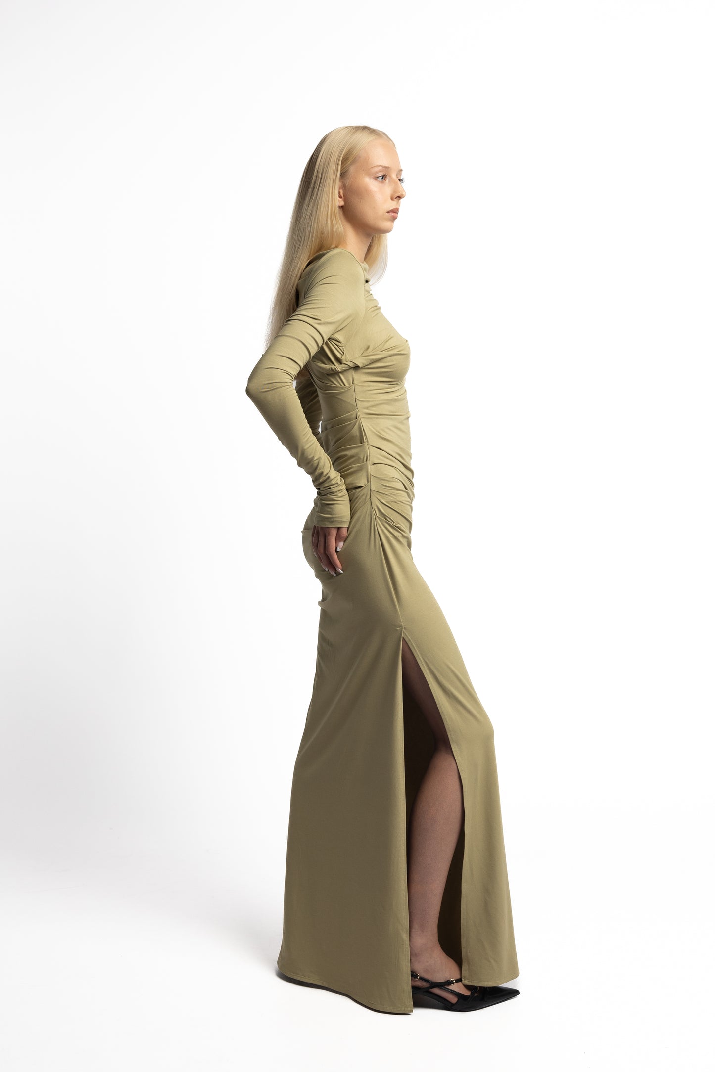 Side slit detail on long sleeve sage draped dress