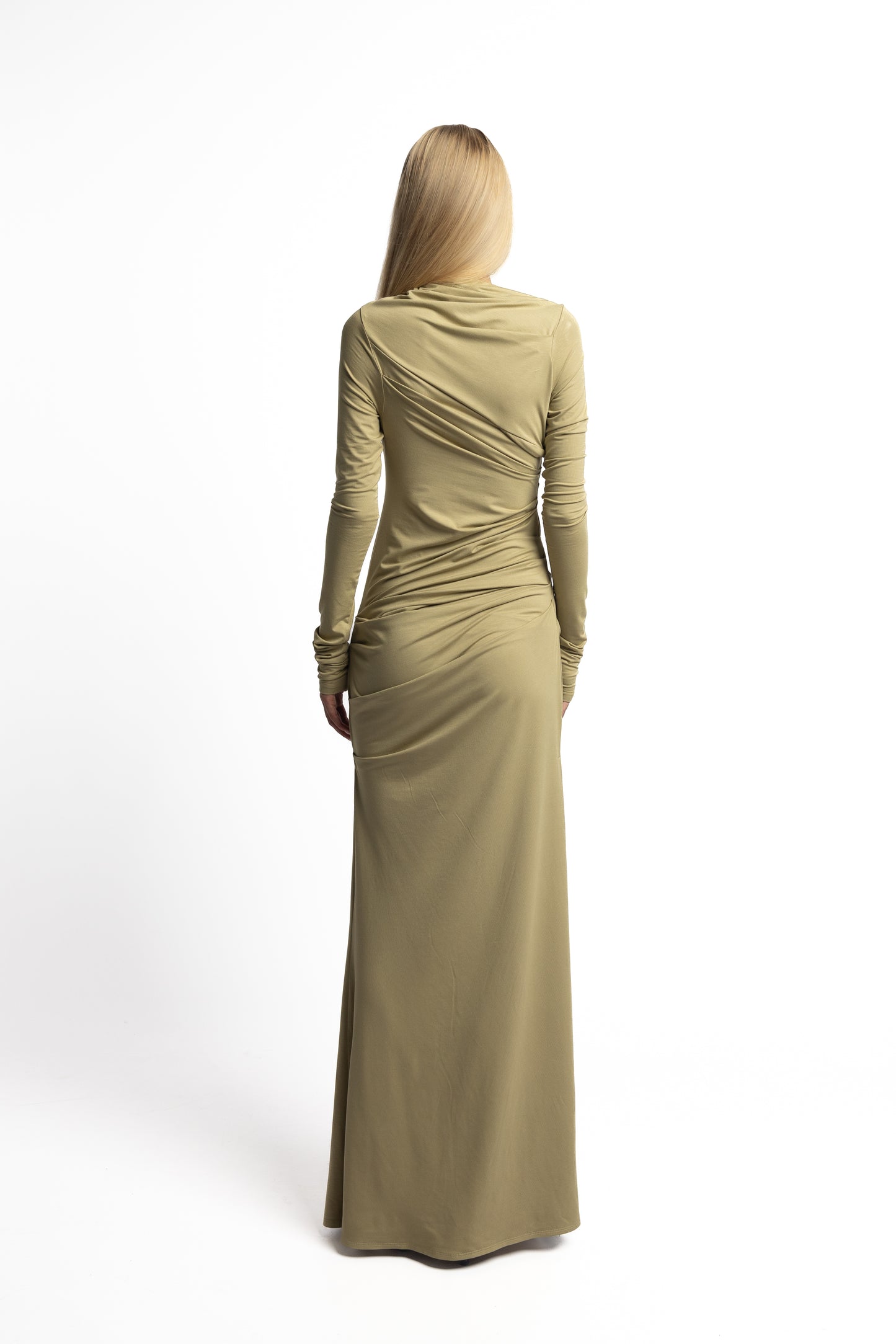 Back view of sage cotton-poly blend jersey dress