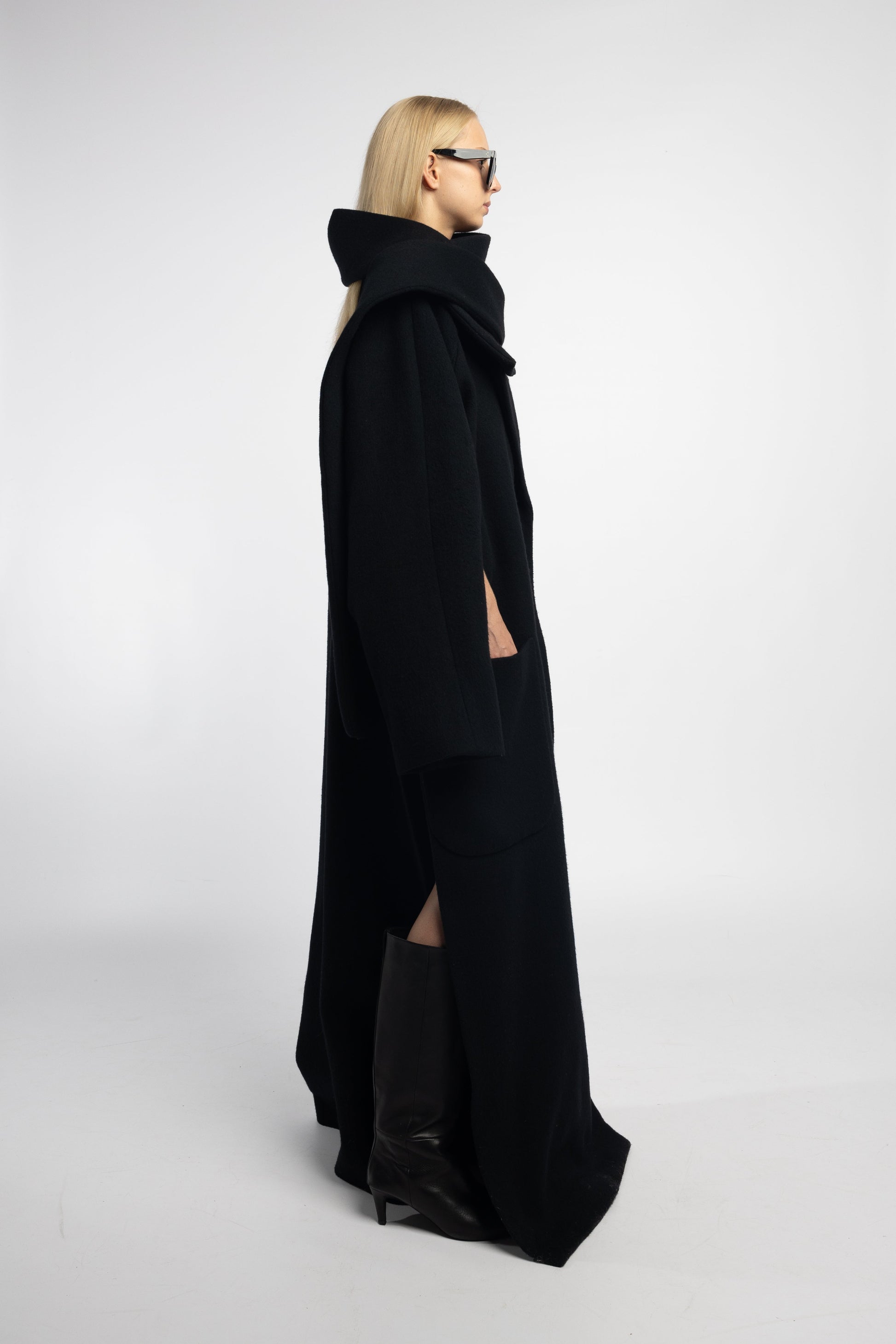 Scarf Collar Coat in black with oversized collar and relaxed sleeve option
