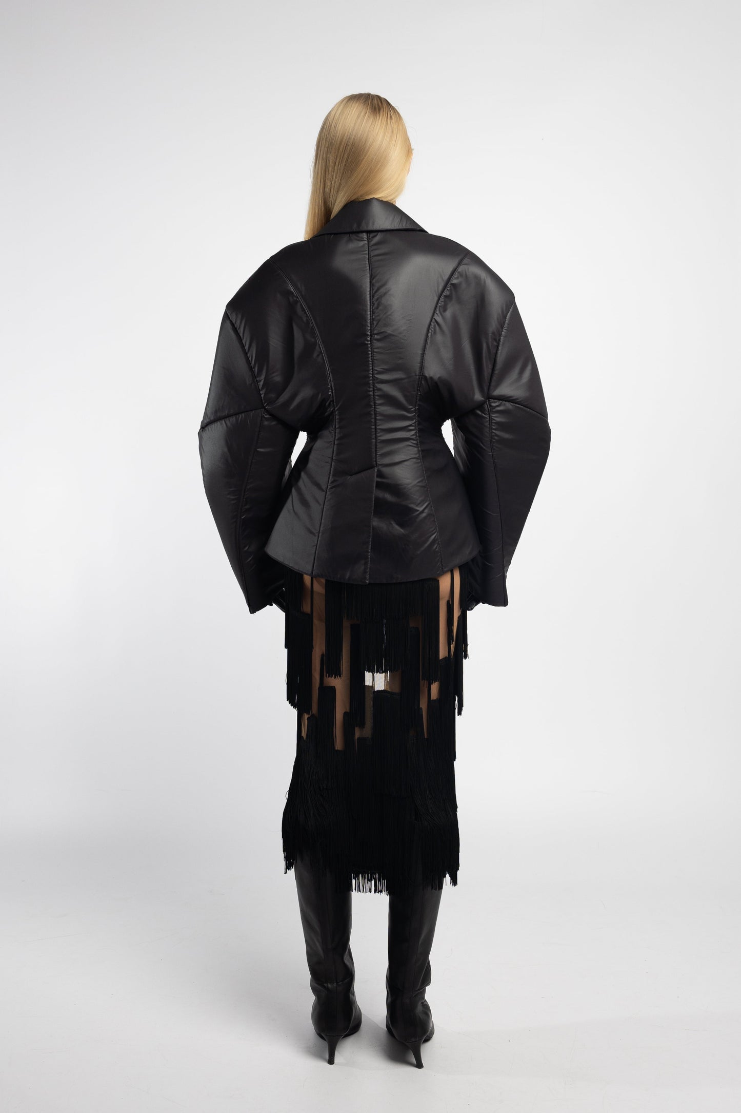 Black nylon hybrid puffer with neoprene interlining
