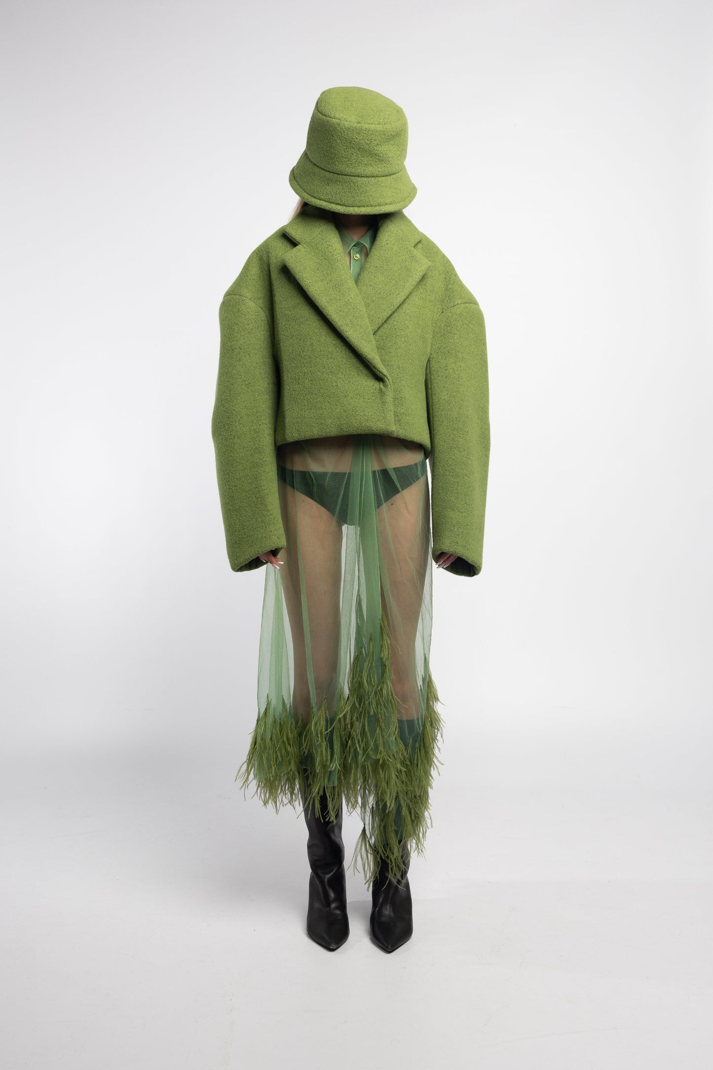 Hoffman Hybrid Puffer in moss wool, structured lightweight outerwear by Adrion Atelier.