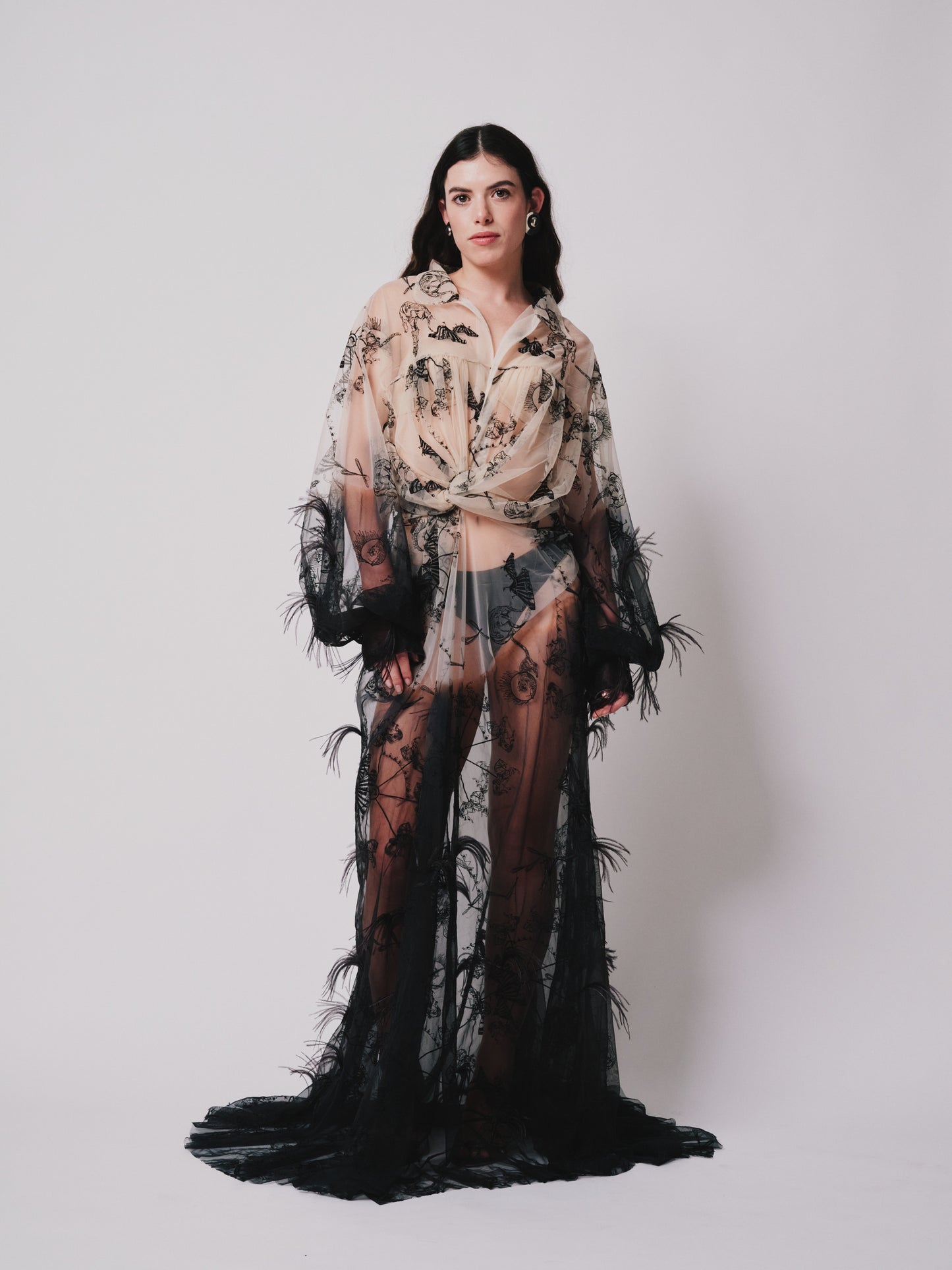 Model wearing a embroider sheer nude and black ombre with small train and ostrich feather trim on a white background