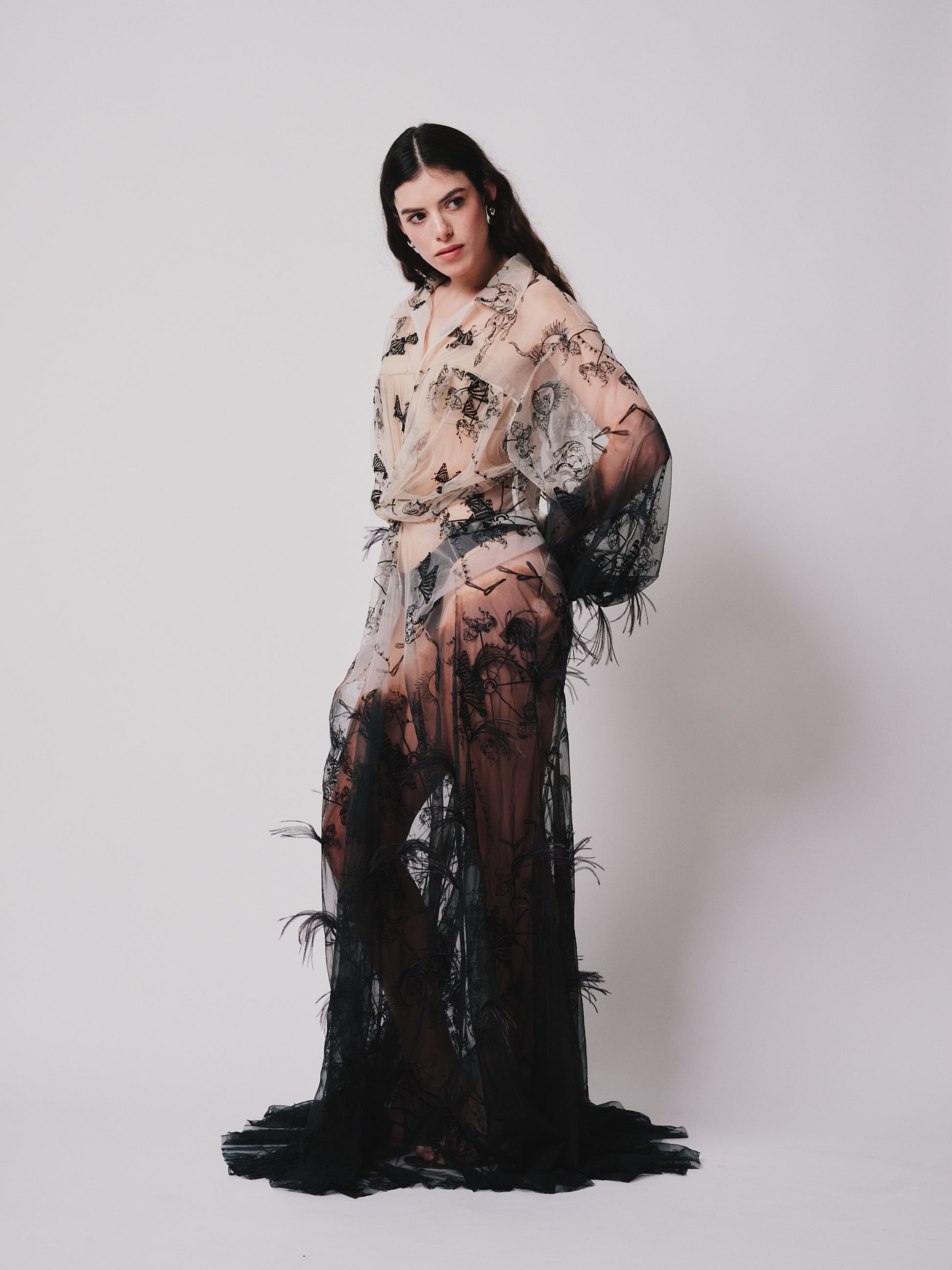 Side view Model wearing a embroider sheer nude and black ombre with small train and ostrich feather trim on a white background