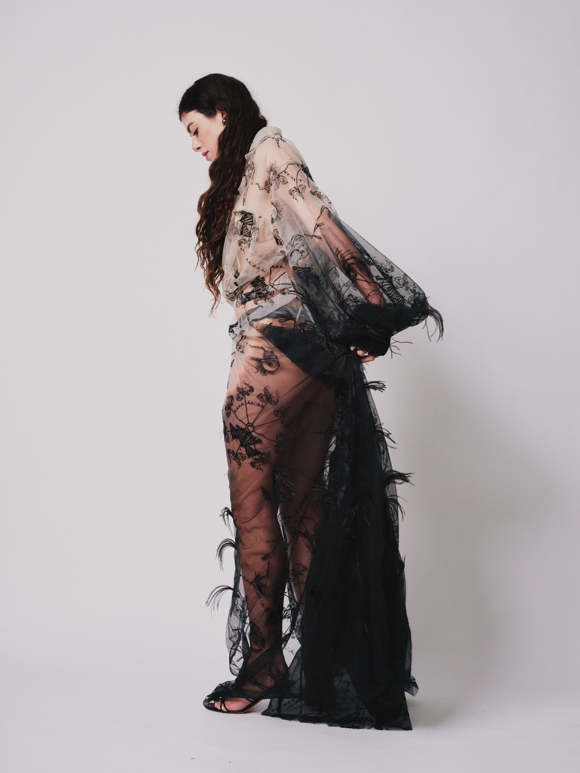 Motion view Model wearing a embroider sheer nude and black ombre with small train and ostrich feather trim on a white background