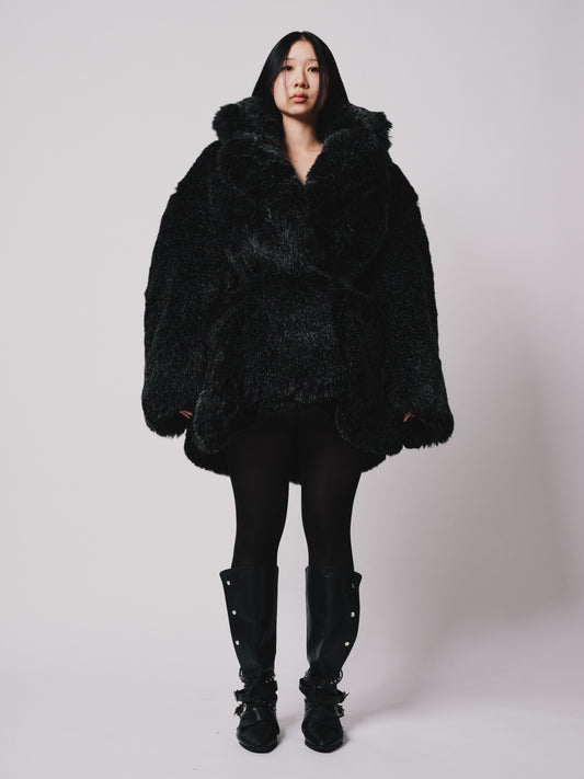 Hoffman Coat- Faux fur (Below hip Cut) Black/Silver |ONE-OFF