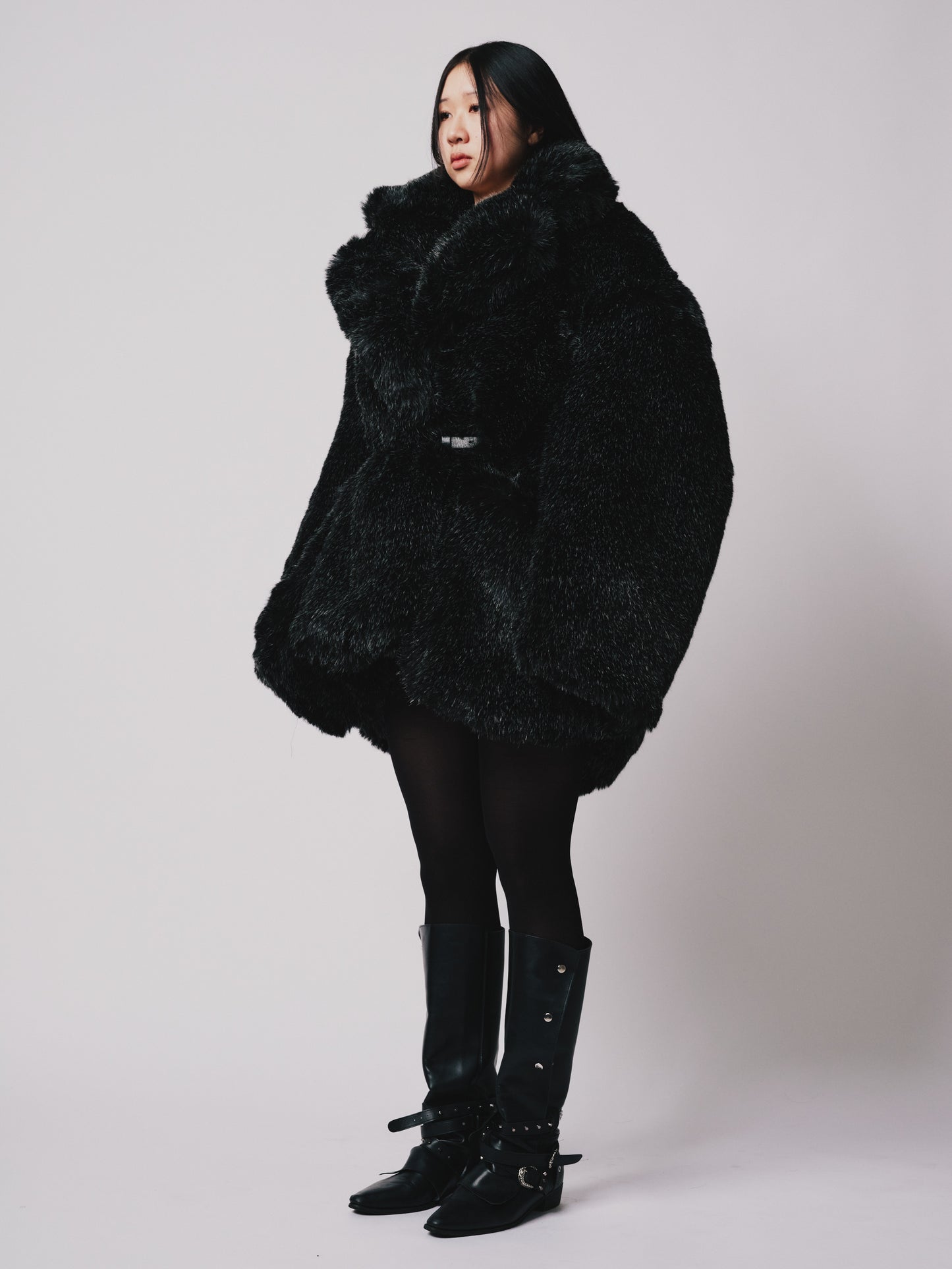 Hoffman Coat- Faux fur (Below hip Cut) Black/Silver |ONE-OFF
