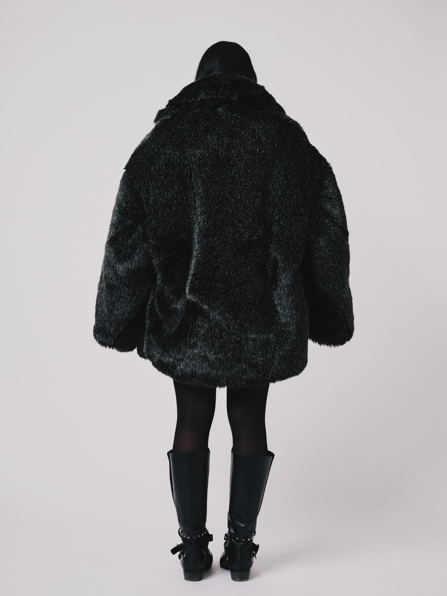 Hoffman Coat- Faux fur (Below hip Cut) Black/Silver |ONE-OFF