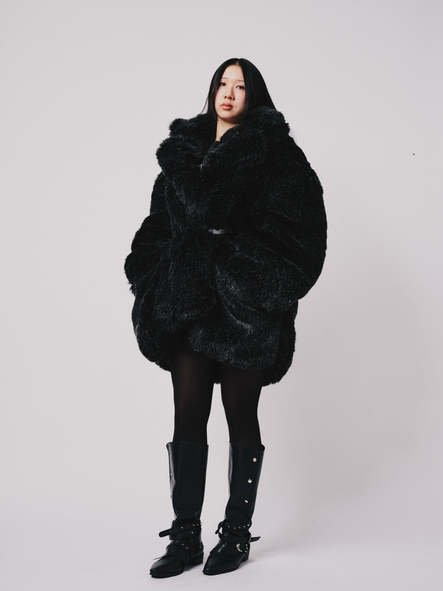 Hoffman Coat- Faux fur (Below hip Cut) Black/Silver |ONE-OFF