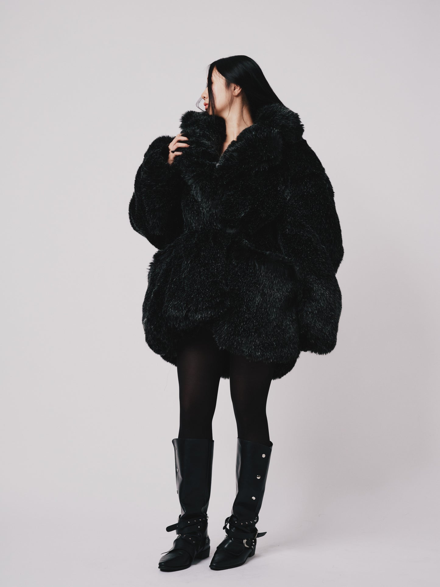 Hoffman Coat- Faux fur (Below hip Cut) Black/Silver |ONE-OFF