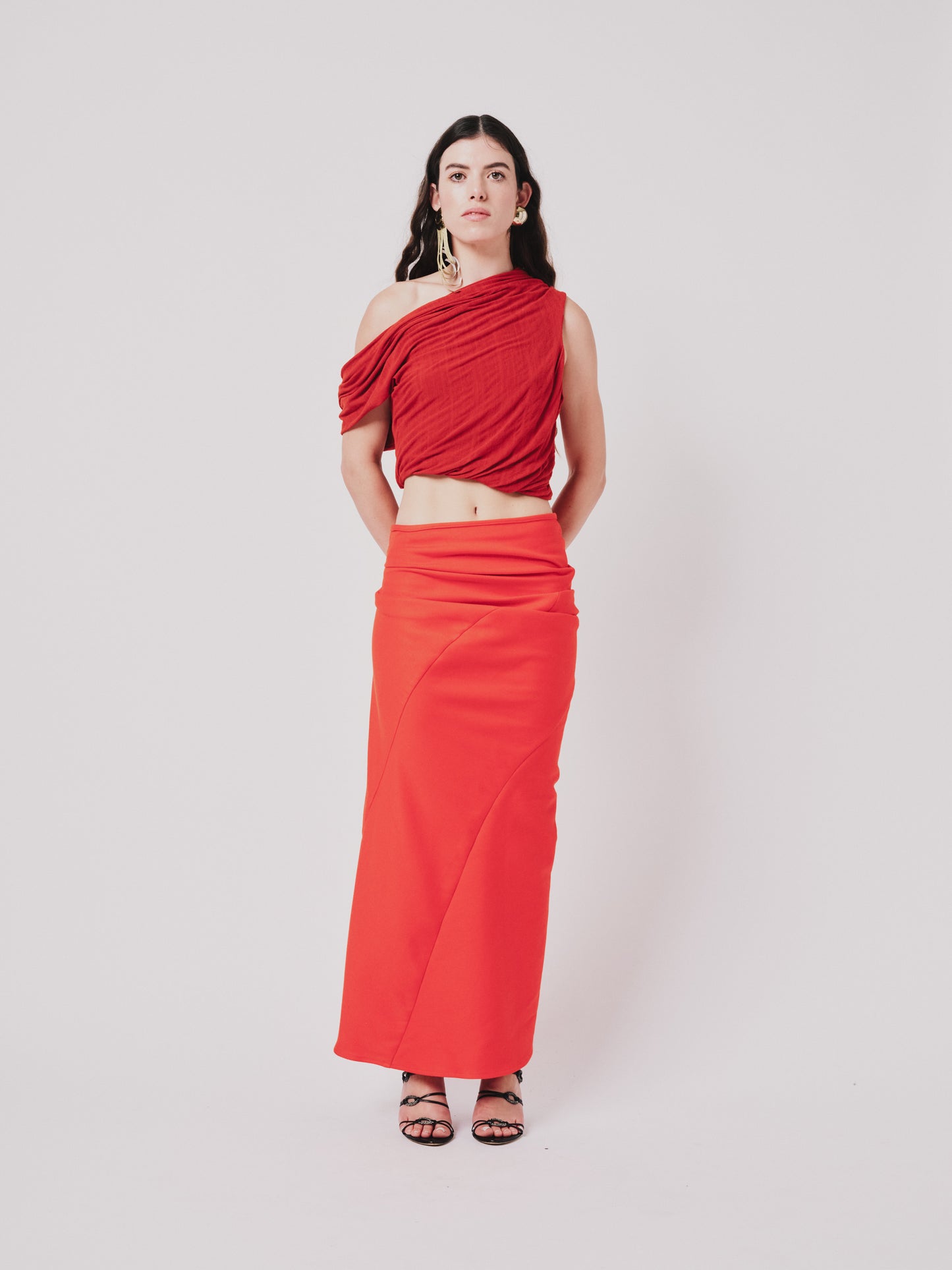 Structured Drape Skirt — Brushed-Back Cotton Orange | ONE-OFF