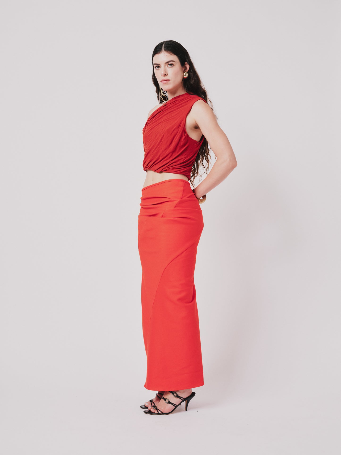 Structured Drape Skirt — Brushed-Back Cotton Orange | ONE-OFF