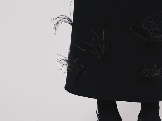 Black silhouette of close up skirt detail with feathers against a white background