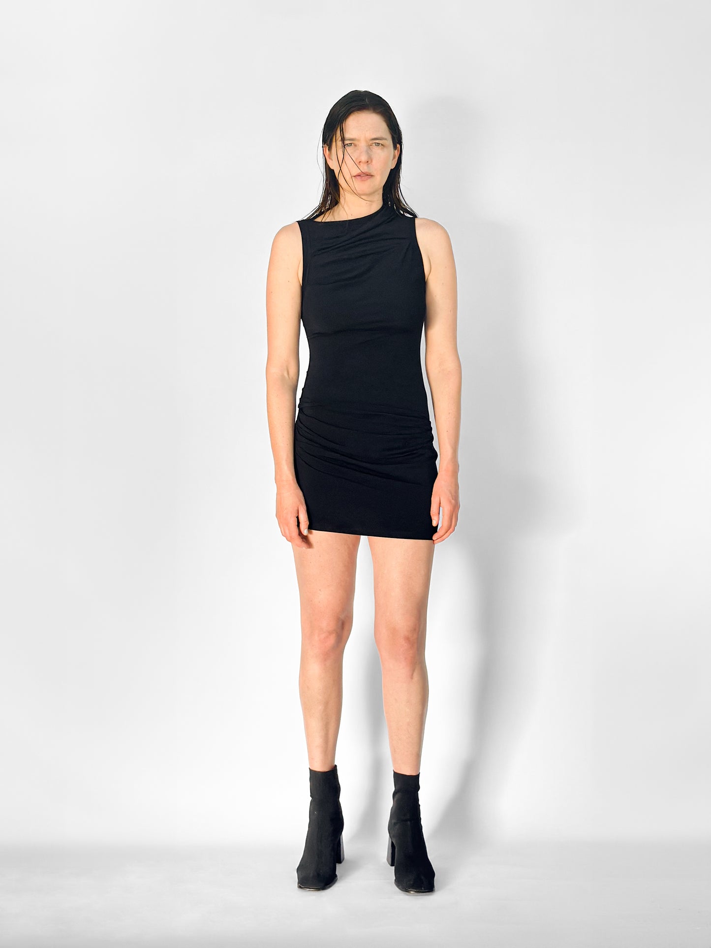 Paloma Mini Dress Front- Black with Elegant Pleated Drapes