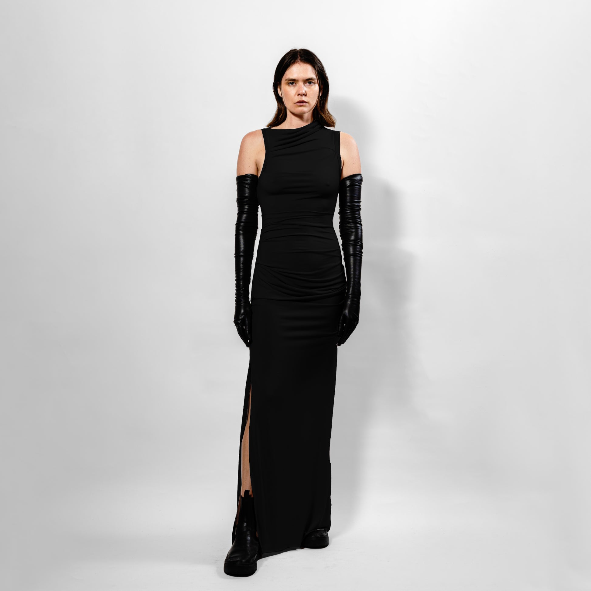 Paloma Dress - Black with Elegant Pleated Drapes