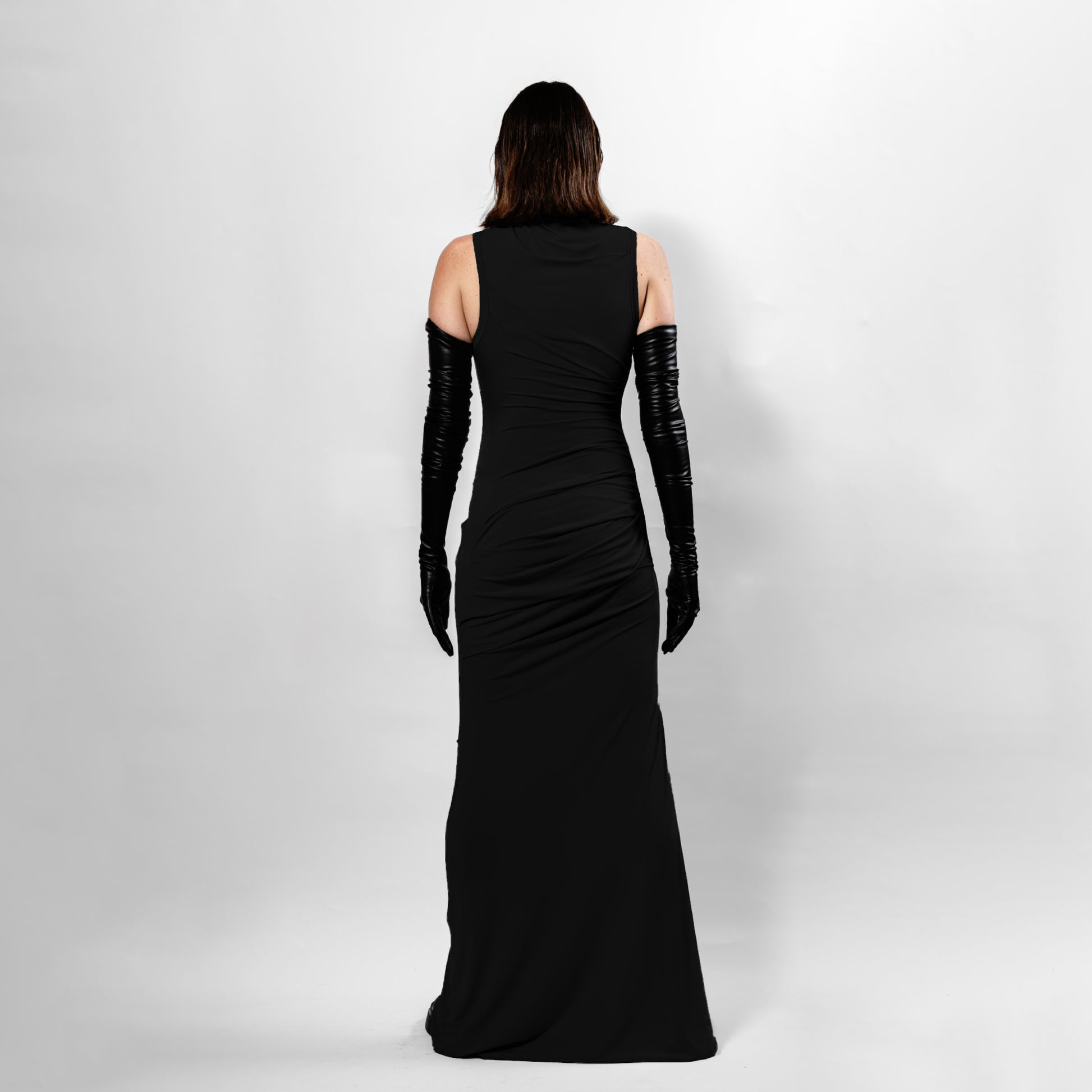 Paloma Dress Back- Black with Elegant Pleated Drapes