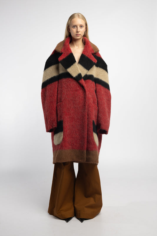 Hoffman Coat – Italian Mohair, front view with bold multi-stripe design and oversized pockets.