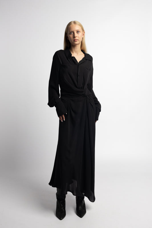 Model wearing Marq Twisted Shirt Dress in black silk