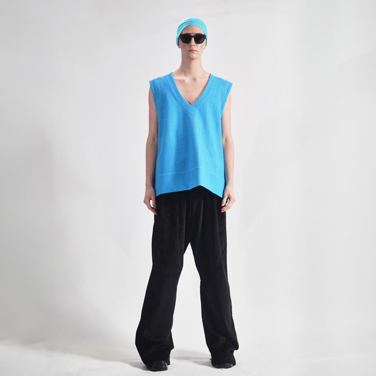 Vivid Cerulean Blue Front view of oversized wool vest with soft warm texture  finishing