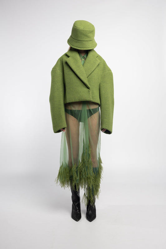 Hoffman Hybrid Puffer in moss wool, structured lightweight outerwear by Adrion Atelier.