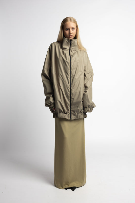 Model wearing Youhan Jacket in sage oversized fit