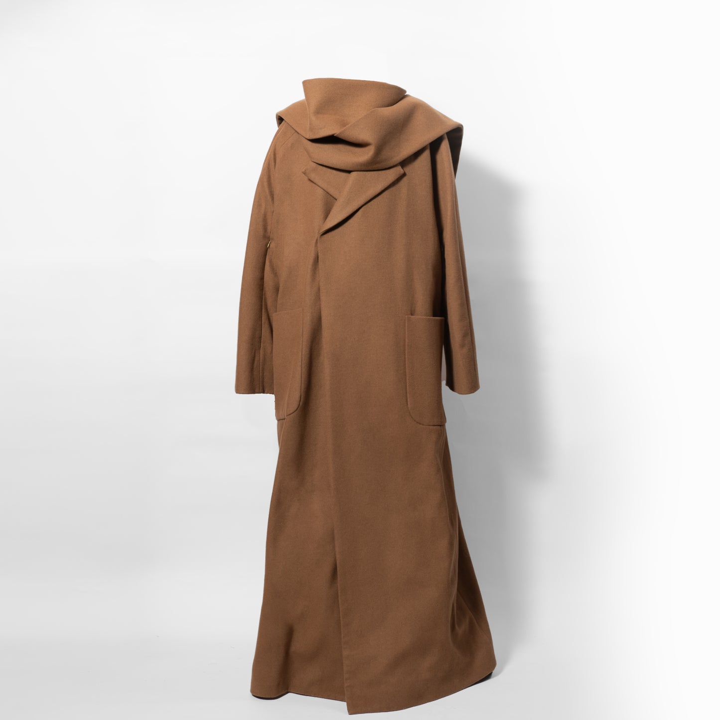 Oversize Floor length Tobacco Brown Coat with 2 oversized pocket, Elongated Collar and 3 way wear sleeve. Side slit and back vent. front view ghost image