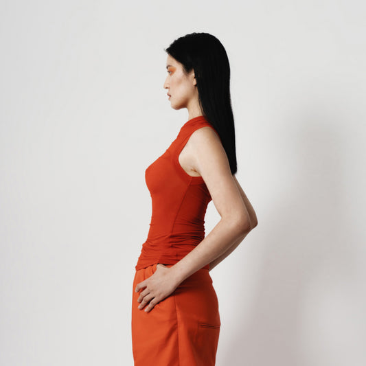 Model Wearing Paloma Top - Mandarin | Adrion Atelier