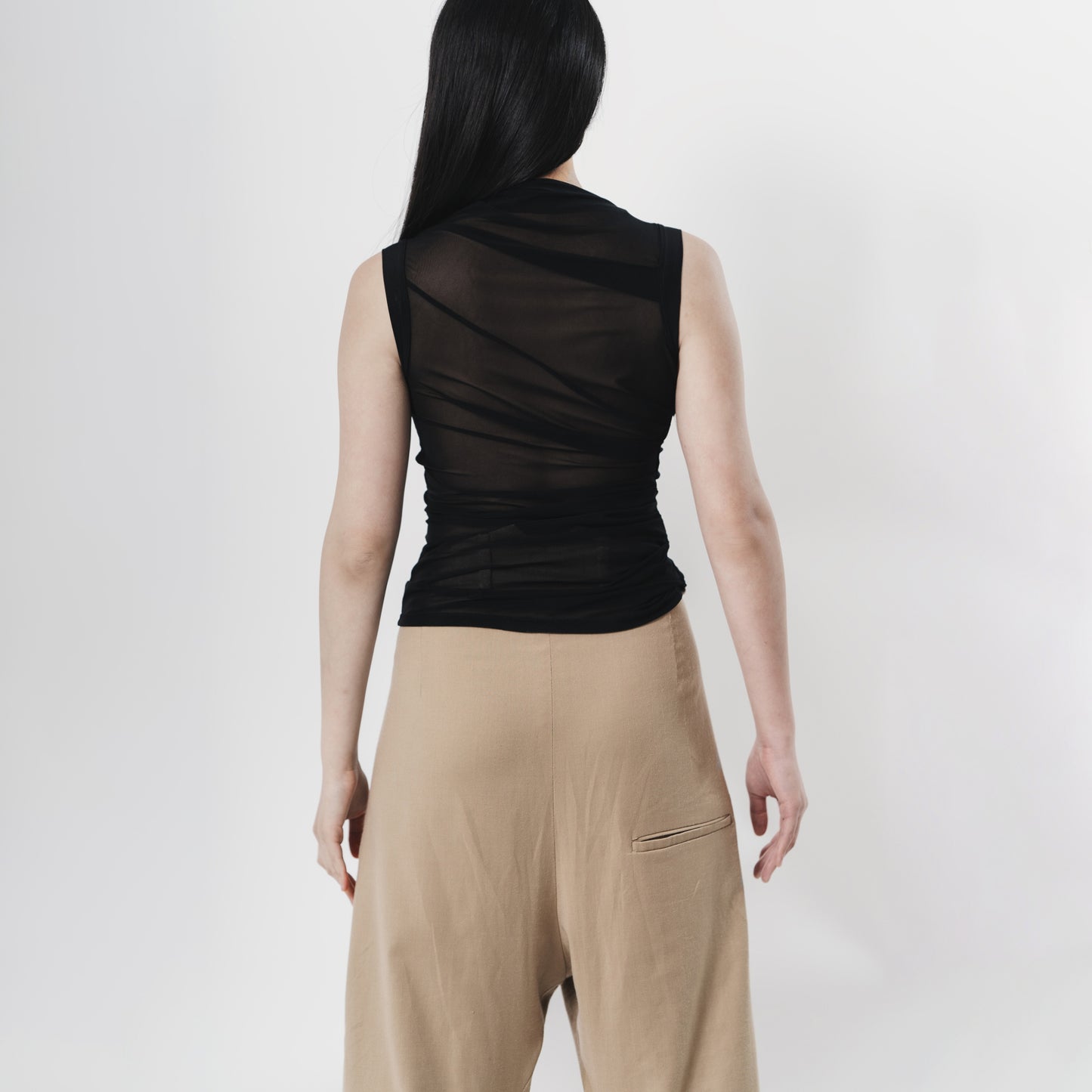 Sheer Black draped top knit fabric. back view .  New Zealand Sale 