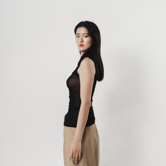 Model Wearing Paloma Top - Black Mesh | Adrion Atelier