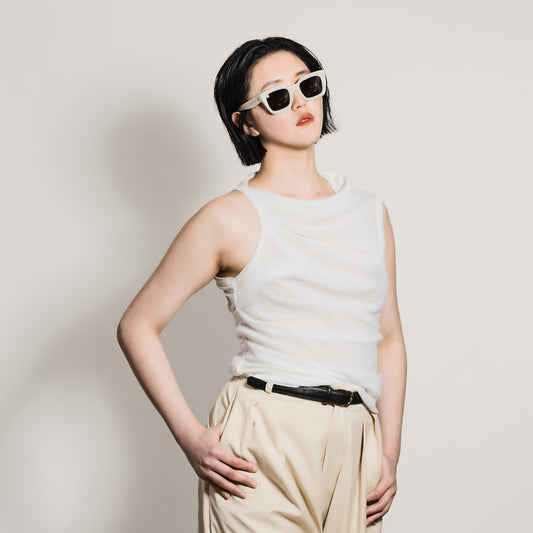 Model Wearing Paloma Top - White | Adrion Atelier